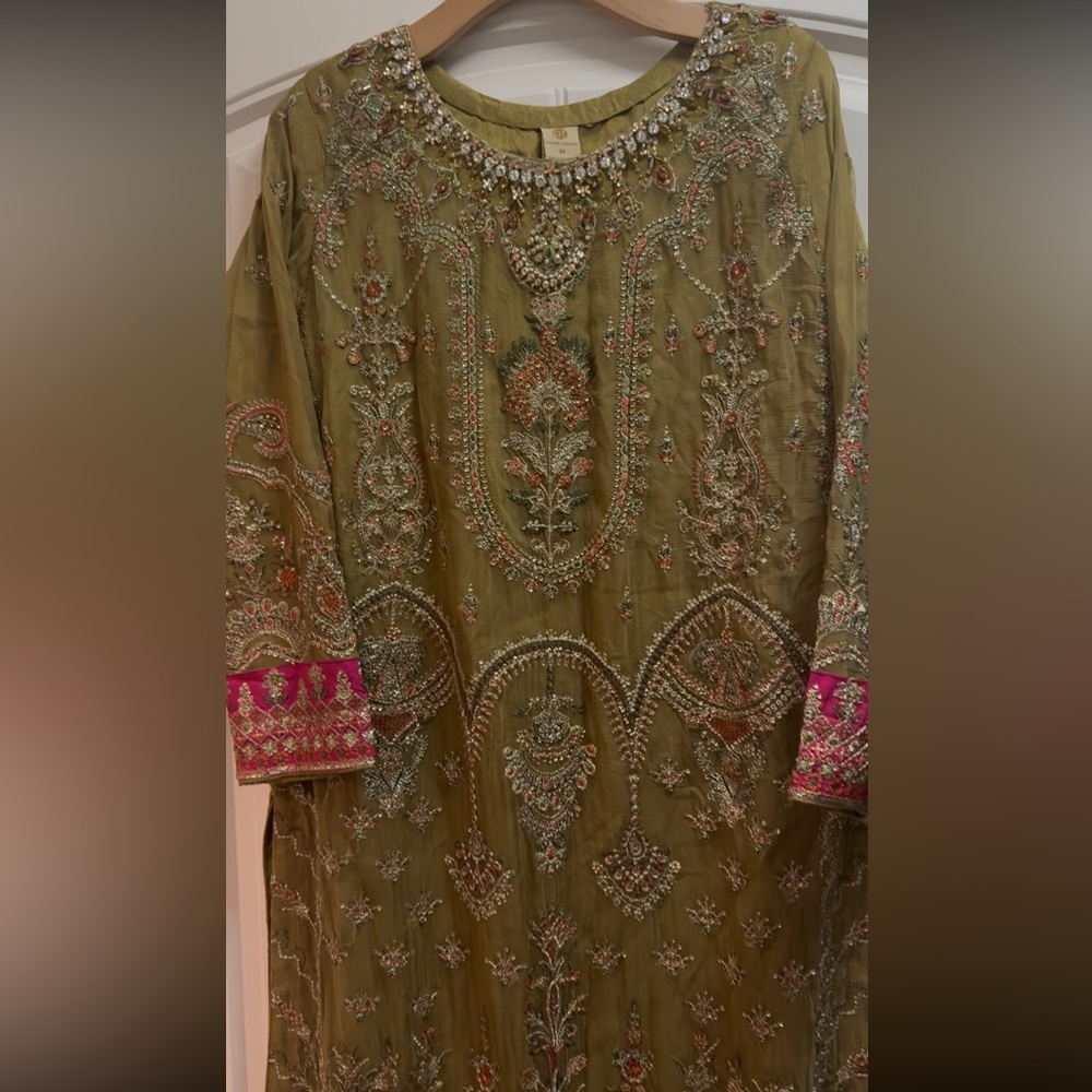 Embroidered Olive Green Indian/ Pakistani shalwar with Pink Accents